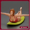 surfer girl with effortless grace, lying on her surfboard as she rides the wave