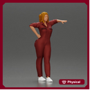 woman in jumpsuit leaning pointing forward ready for action