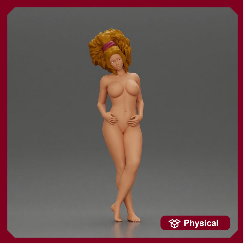 Naked woman posing confidently with voluminous hair