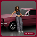 lowrider chola girl is leaning against the car, wearing a  mini shirt with long hair