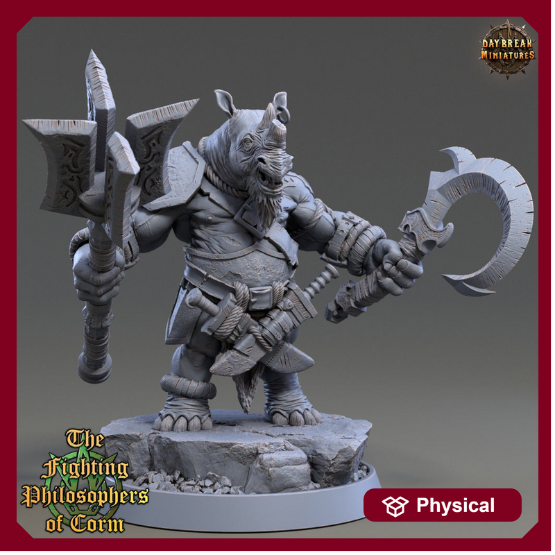 Rhinokin, Rhino-folk Warrior  Scales: 28mm, 32mm,54mm,75mm | D&D 5e Megaboss | Dungeons and Dragons | Pathfinder | Daybreak Miniatures - Only-Games