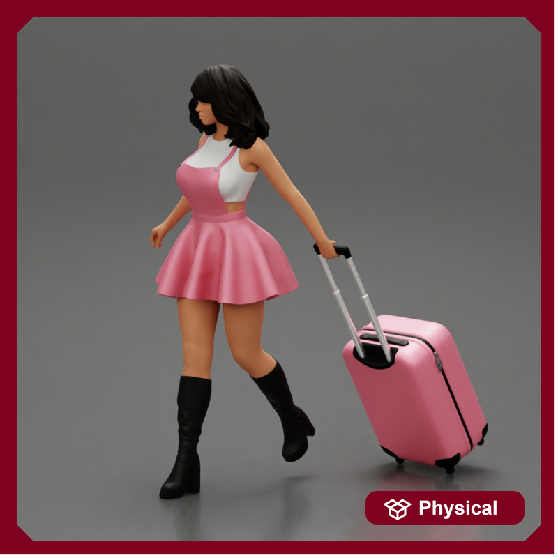 2 Young woman in sexy dress and boots pulling suitcase  walking in airport terminal