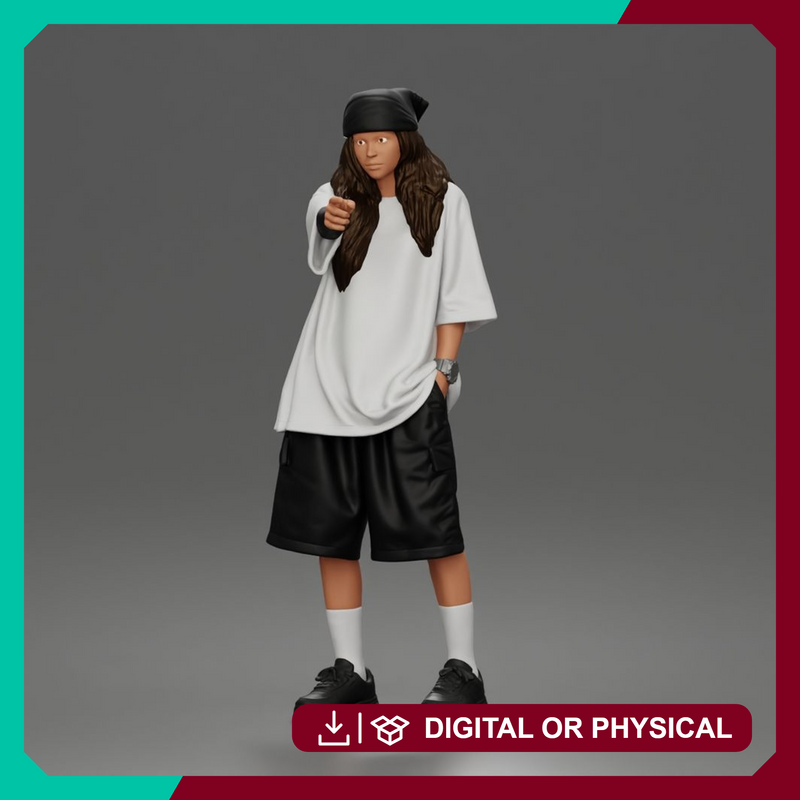 Standing Pointing In Baggy Tee Shorts Long Socks Sneakers Beanie