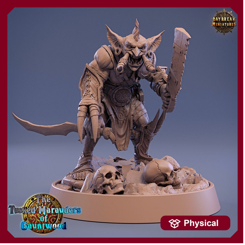 Tusked Goblin Sword Fighter | DnD Miniatures | Dungeons and Dragons | 28mm, 32mm, 75mm scale| Figure for Painting| Daybreak Miniatures - Only-Games