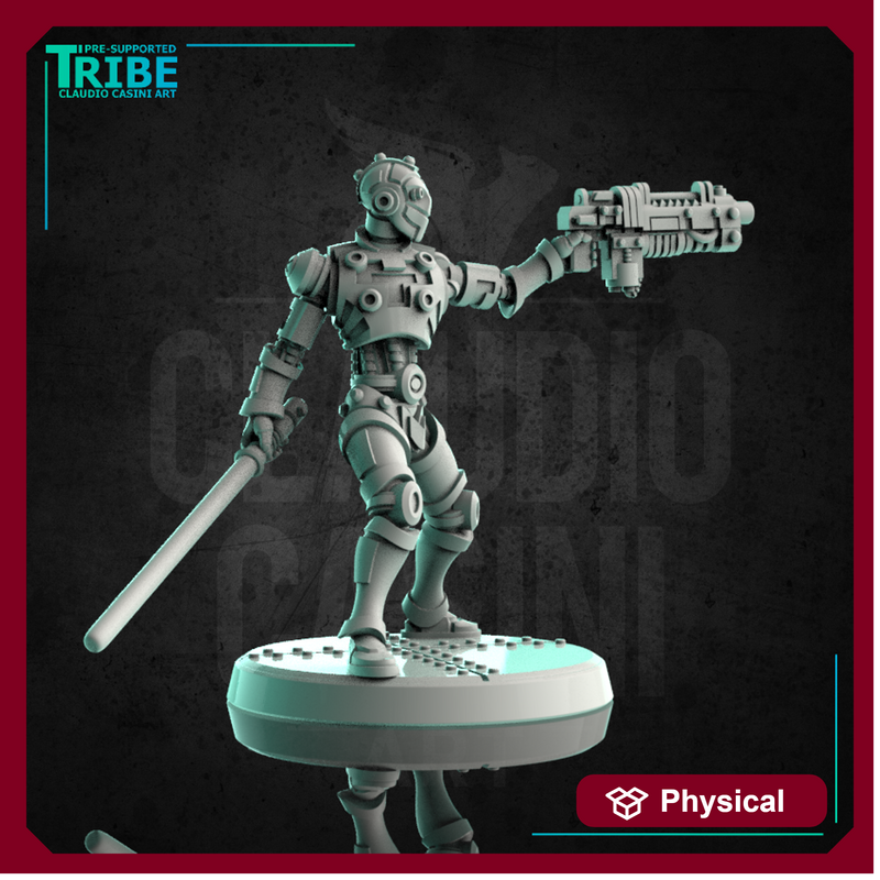 (0217) Male android robot with a laser gun and a plasma sword