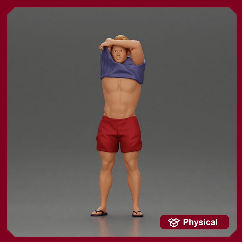 muscular man in shorts taking off his shirt to go swimming - Only-Games