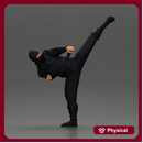 Ninja in black uniform performs high side kick with precision