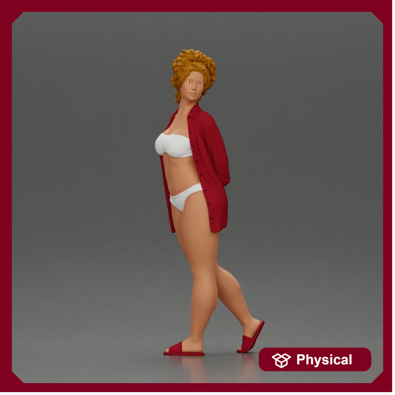 Chic woman in a red shirt and white bikini confidently walking