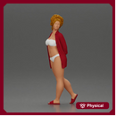 Chic woman in a red shirt and white bikini confidently walking