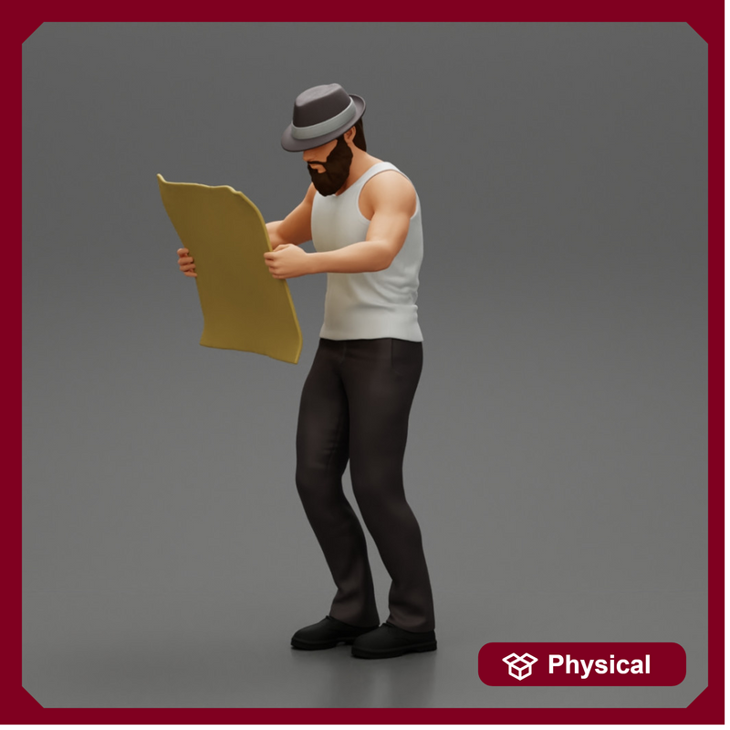 Young Man in hat with beard Holding Map And Looking At it