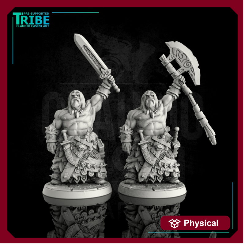 (0034) Male human orc half-orc barbarian warrior with sword and big axe