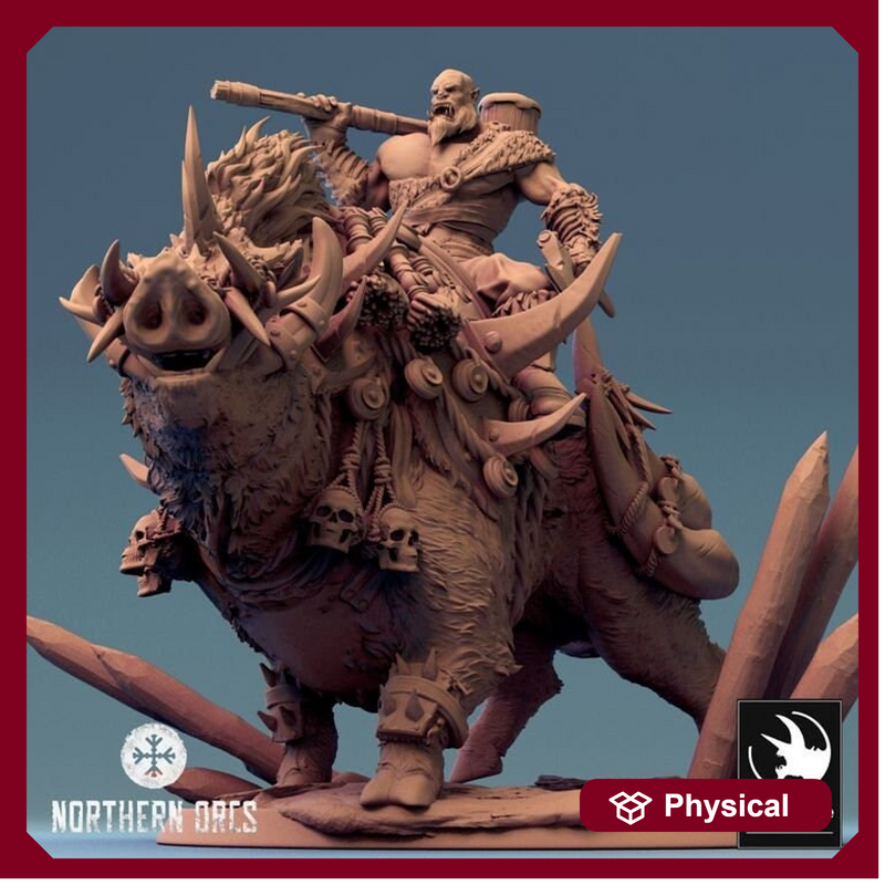 Orc Fighter on Giant Boar w/ Hammer & Axe, Orc Chieftain | Dungeons and Dragons 5e  | 28mm,32mm, 54mm, 75mm Scale | Pathfinder | LOP - Only-Games
