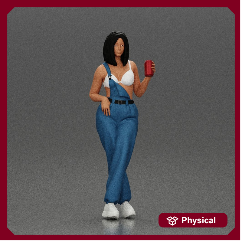 Woman with black hair wearing blue overalls holding a drink