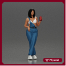 Woman with black hair wearing blue overalls holding a drink