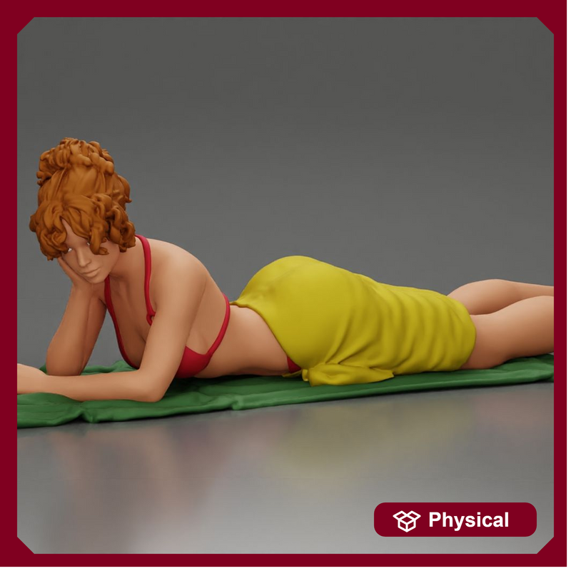 Relaxing on a beach towel, a woman enjoys sunbathing, wrapped in a pareo beach cover and bikini - Only-Games