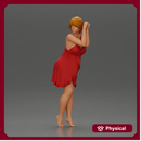 Barefoot woman in red nighty dress strikes a graceful elegant pose