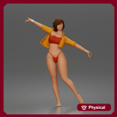 Woman dances balancing wearing crop top jacket bikini bottoms barefoot