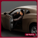 Man in a leather jacket sitting on the car and closing the car door
