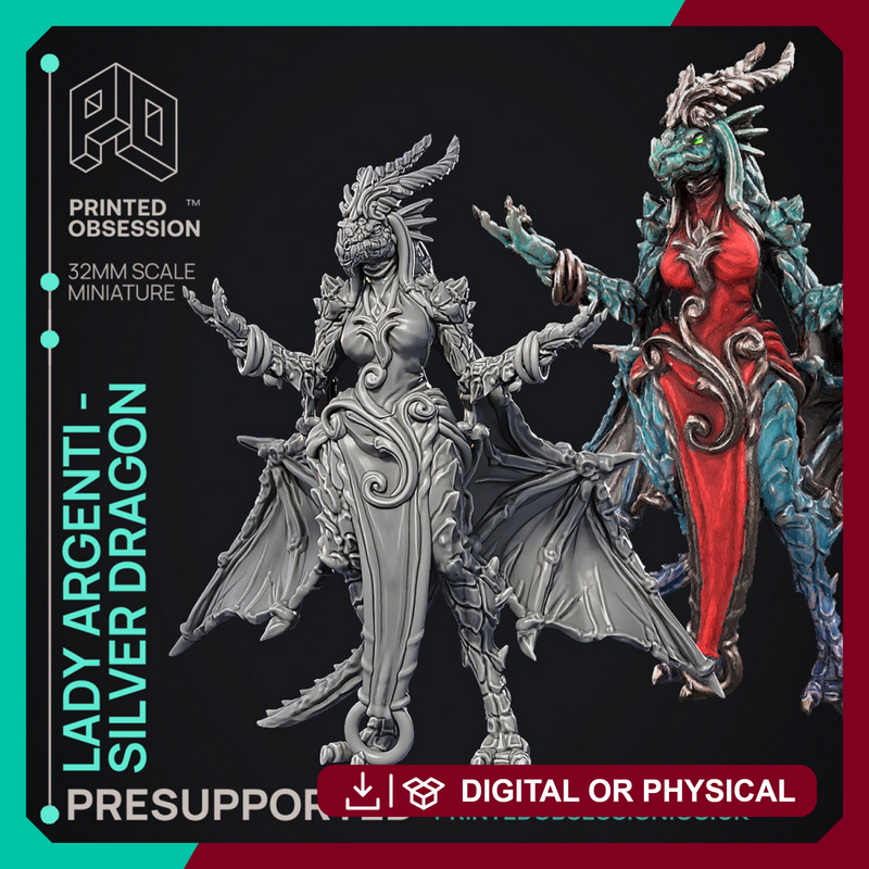 Lady Argenti - Female Silver Dragon Humanoid Form -  PRESUPPORTED - Illustrated and Stats - 32mm scale