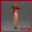 woman in heels, a string bikini, and a sultry mini shirt with sleeves