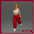 Strong woman power walking with dumbbells wearing white top and red pants
