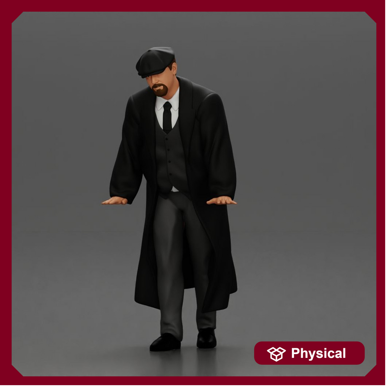 Man in black coat wearing flat cap standing with serious expression
