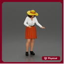 fashionable woman in hat and skirt is reaching for something