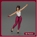 Happy Young Woman in pants Standing on One Leg holding phone