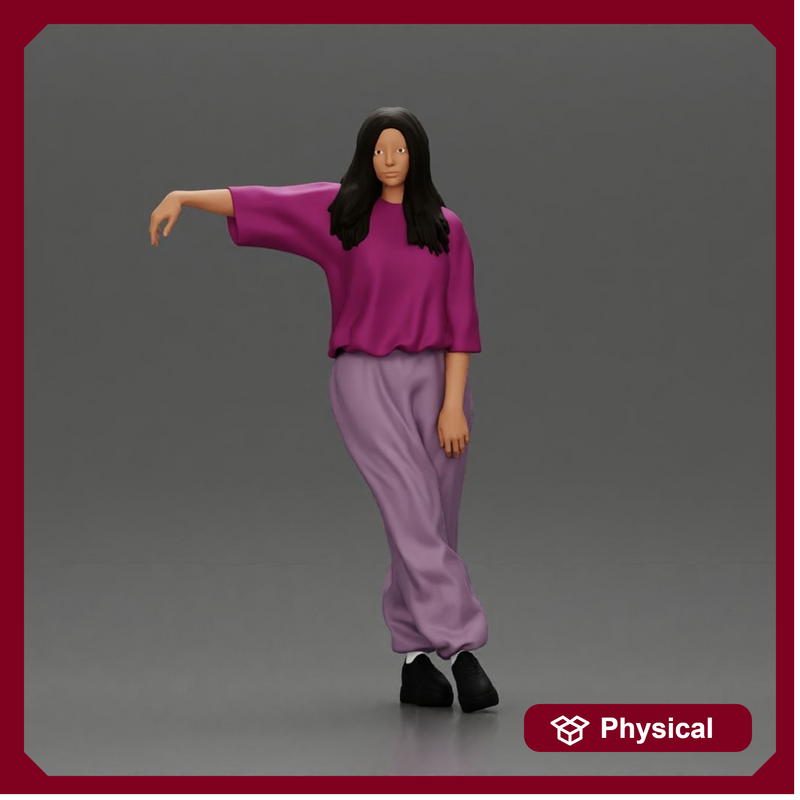 Graceful woman leaning on the car in magenta and lavender striking relaxed stylish pose
