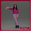 Graceful woman leaning on the car in magenta and lavender striking relaxed stylish pose