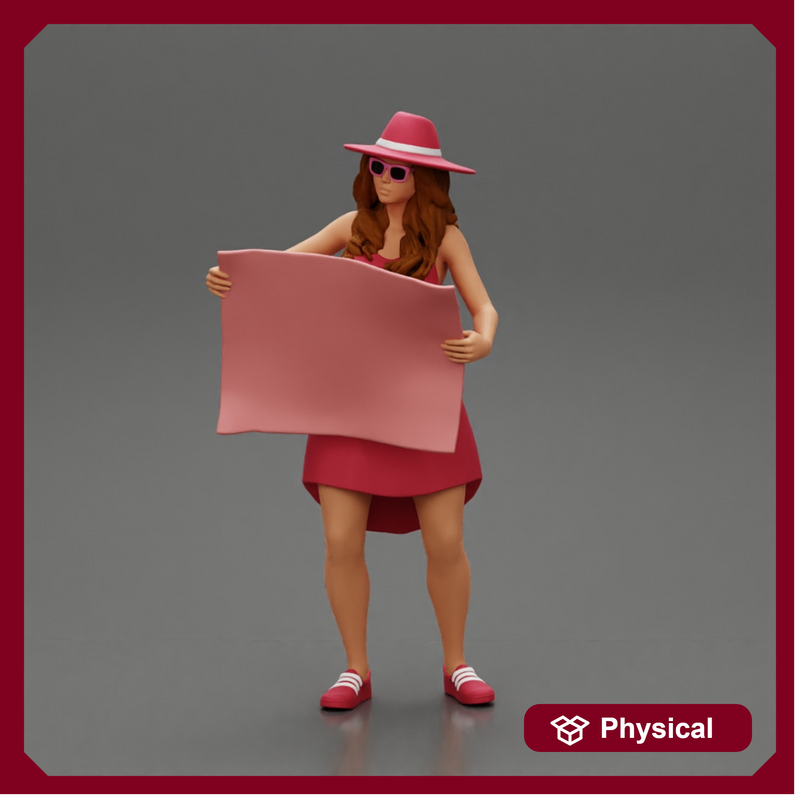 travel woman in hat and dress with sun glasses holding a map and looking to the map
