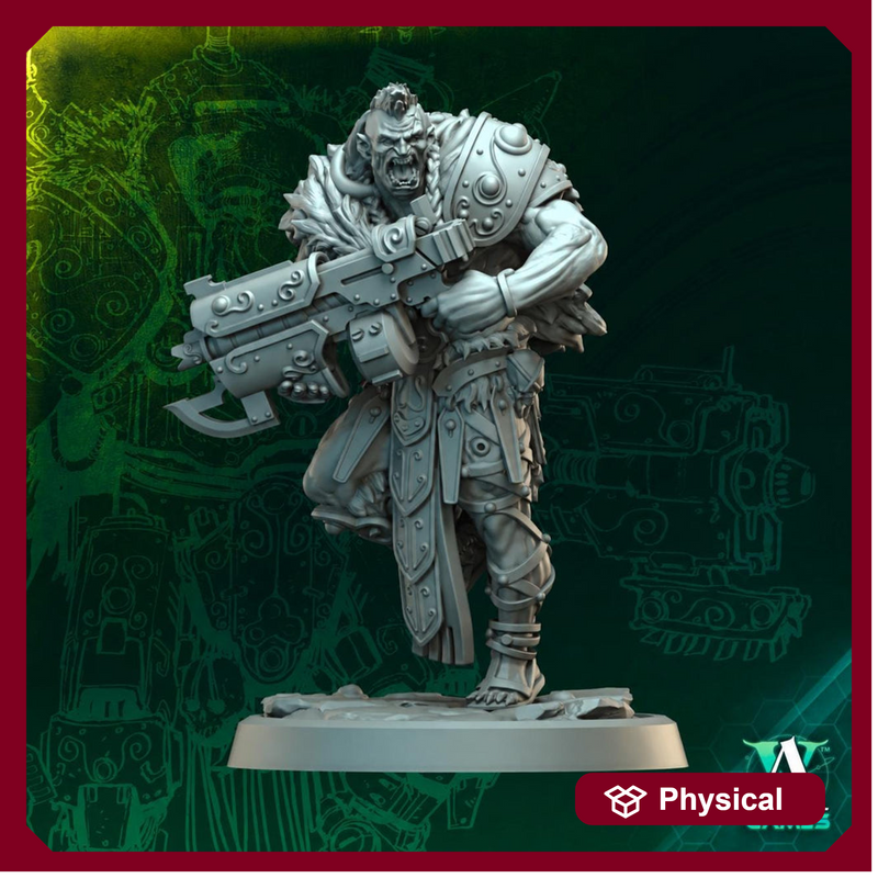 Sci-Fi Orc Assault Gunner Miniature | Armored Heavy Infantry | UNPAINTED Resin Wargame Figure - Only-Games