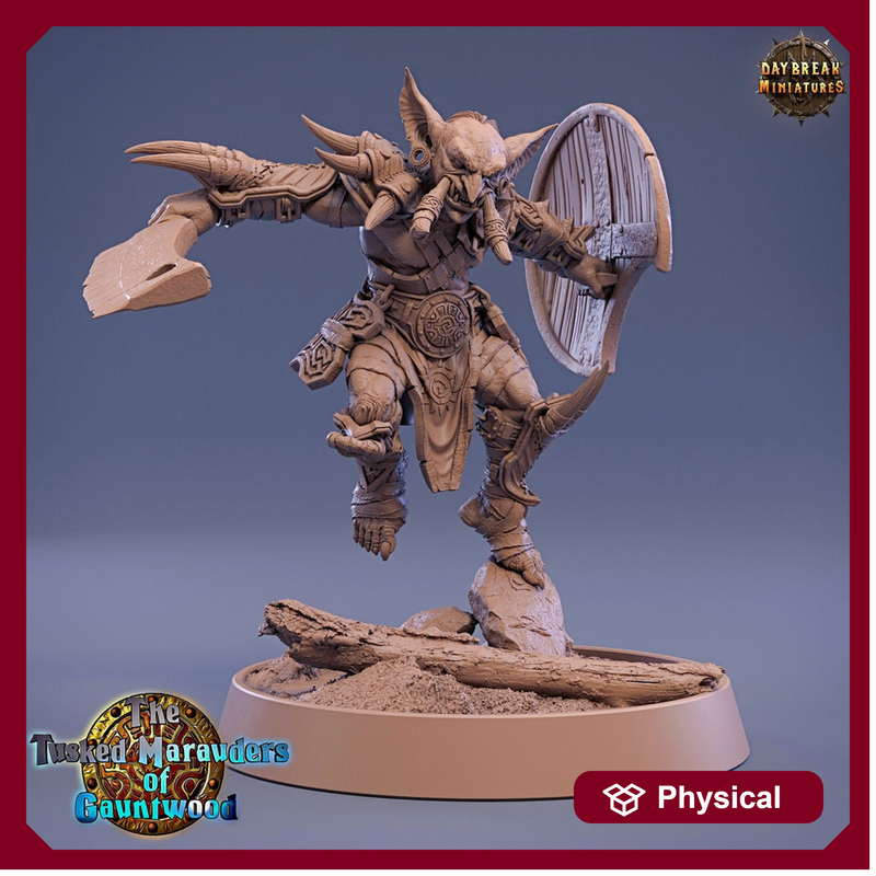 Goblin Tusked Sword & Shield Fighter | DnD Miniatures | Dungeons and Dragons | 28mm, 32mm, 75mm scale| Unpainted Figure| Daybreak Miniatures - Only-Games