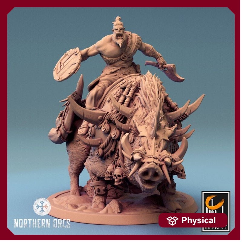 Orc Fighter on Giant Boar w/ Shield & Axe, Orc Chieftain | Dungeons and Dragons 5e  | 28mm,32mm, 54mm, 75mm Scale | Pathfinder | LOP - Only-Games