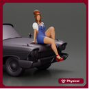 sexy girl in short denim overalls and heels is sitting on the car