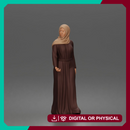 Standing woman looking aside wearing hijab and long belted abaya