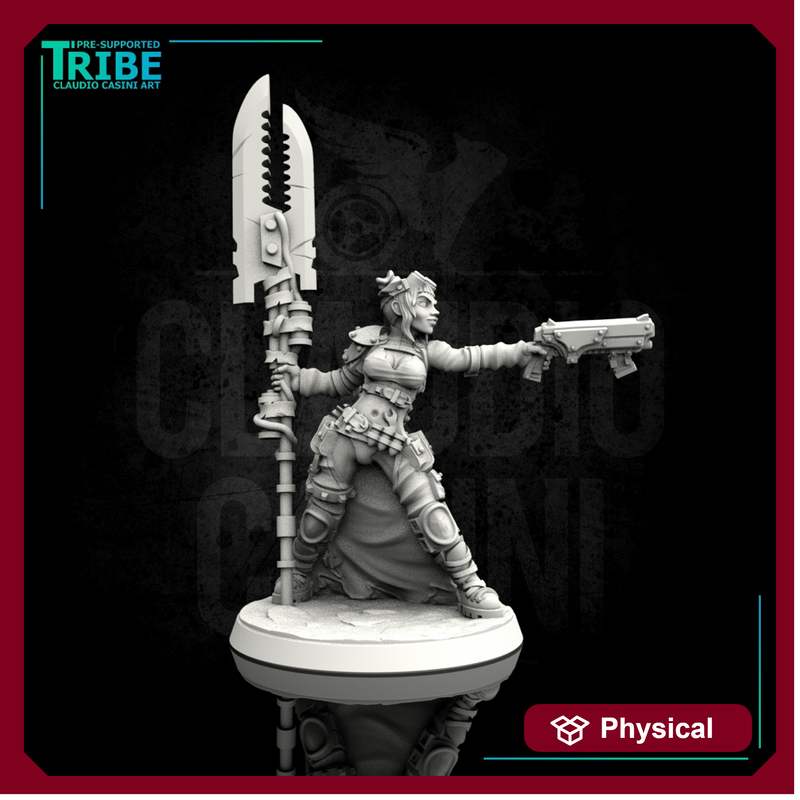 (0103) Female sci-fi post-apocalyptic street warrior with blade and rifle - Only-Games