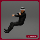 Gangster in hat driving a car and holding gun