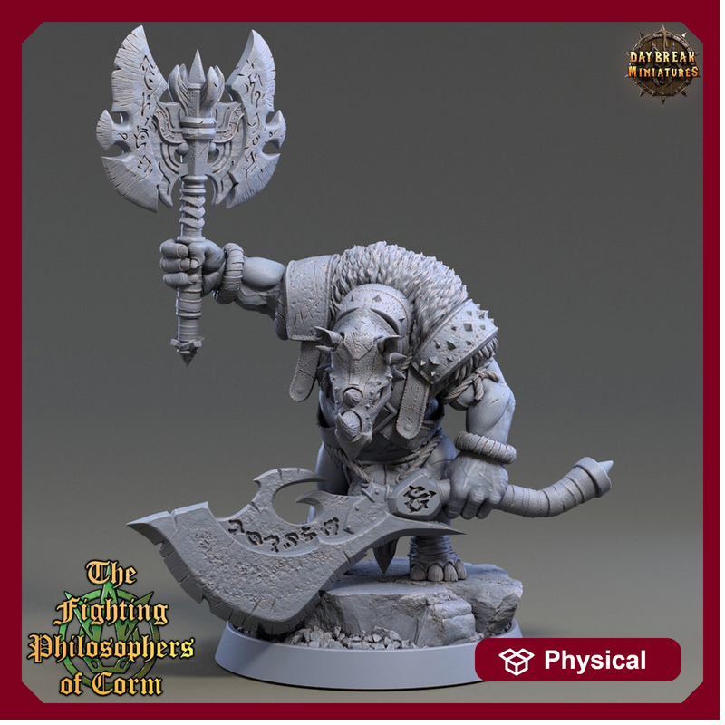 Rhinokin, Rhino-folk Warrior  Scales: 28mm, 32mm,54mm,75mm | D&D 5e Megaboss | Dungeons and Dragons | Pathfinder | Daybreak Miniatures - Only-Games