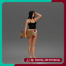 Standing woman holding skateboard wearing halter top and panties