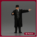 mafia man in gangster costume stands confidently while gesturing with his hands as if presenting something