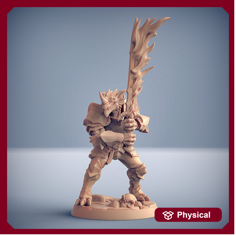 Dragonborn Paladin Fighter 2-handed Flaming Sword  | 28mm, 32mm, 54mm, 75mm Scale Resin Miniature | Dungeons and Dragons | Pathfinder | - Only-Games
