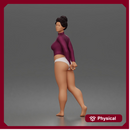 Standing woman looks back long sleeve top underwear bare feet