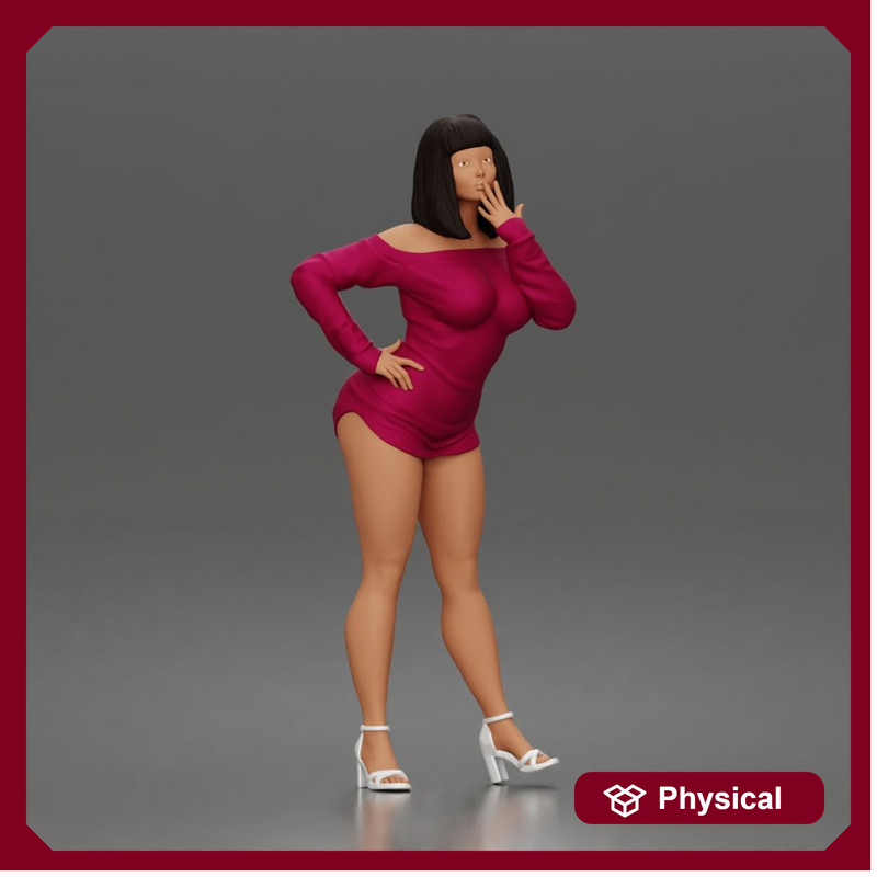 Surprised woman posing confidently in short dress and high heels