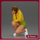Performer crouching thoughtfully in yellow jacket green shorts white sneakers