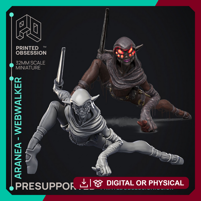 Aranea - Web Walker Drow -  PRESUPPORTED - Illustrated and Stats - 32mm scale