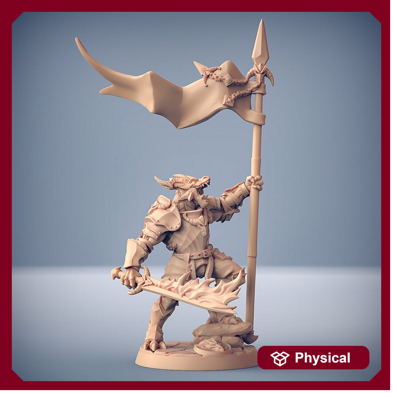 Dragonborn Paladin Fighter Banner and Flaming Sword  | 28mm, 32mm, 54mm, 75mm Scale Resin Miniature | Dungeons and Dragons | Pathfinder | - Only-Games