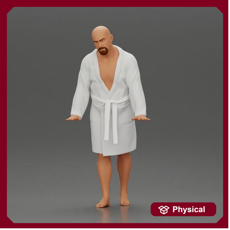 Man in White Robe Posing with Bare Feet and Open Hands