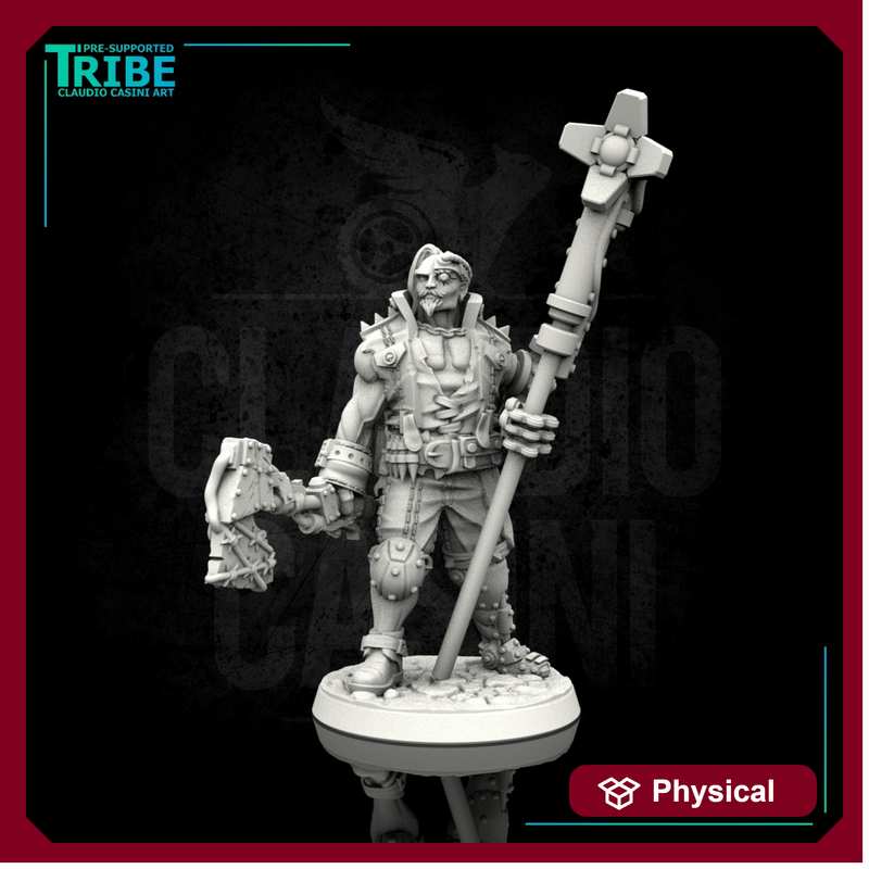 (0109) Male big guy post apocalyptic sci-fi warrior with a banner, axe and bionic arm - Only-Games