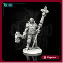 (0109) Male big guy post apocalyptic sci-fi warrior with a banner, axe and bionic arm